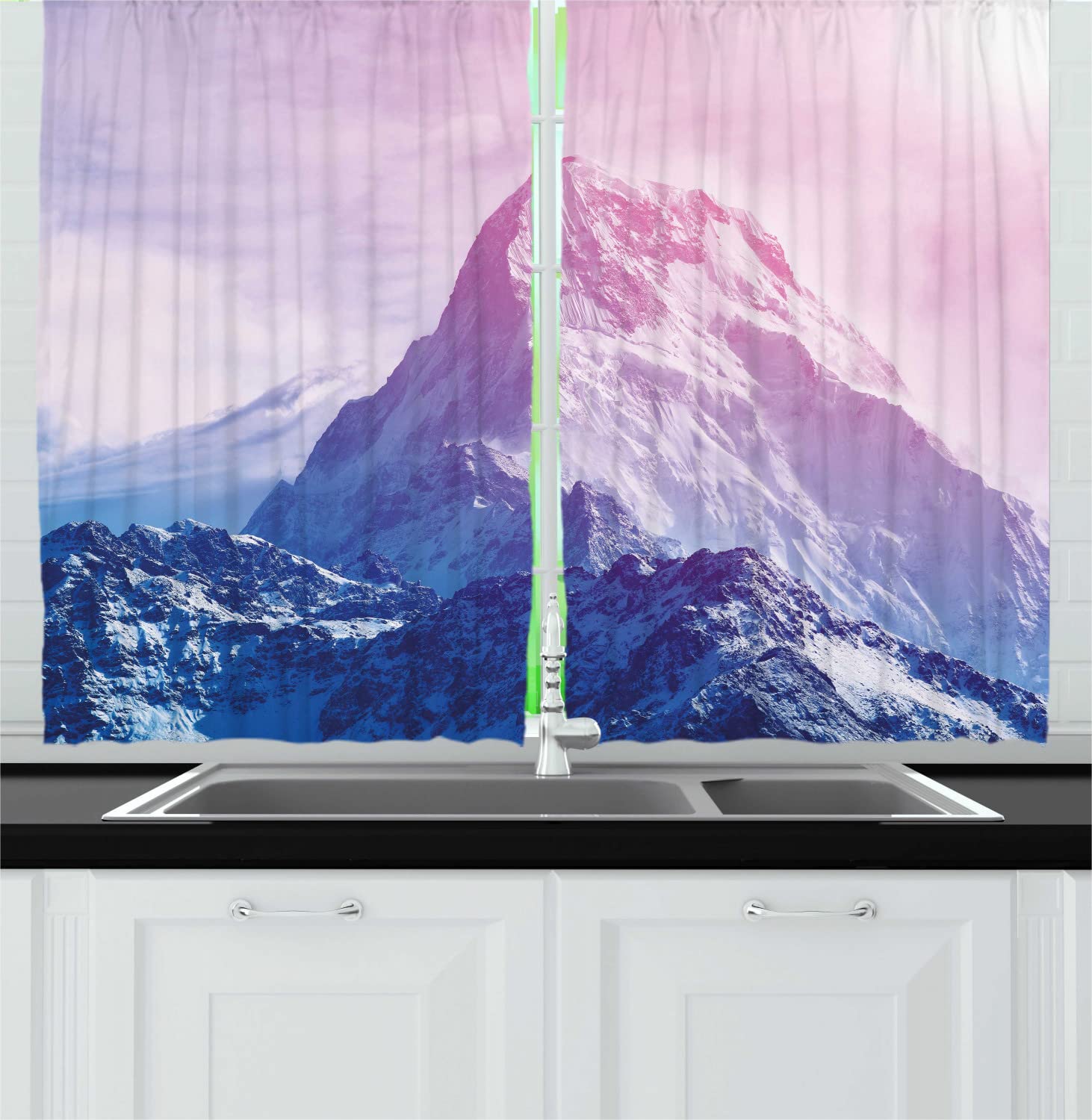 Ambesonne Snowy Nature Long Kitchen Curtains - Pastel Cloudy Sunrise & Snowy Mountain Scenic Drapes, 55