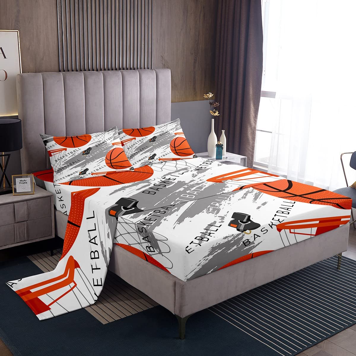 **Orange Basketball Print Queen Size Bed Sheet Set - 4pcs Sports Themed Bedding with Deep Pocket Fitted Sheet, Flat Sheet & 2 Pillowcases for Kids, Boys & Teens - Perfect for Game Room, Dorm Decor & Sports Lovers**