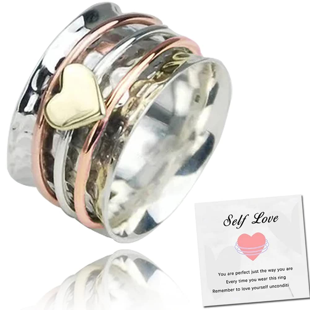 Self Love Fidget Spinner Ring for Women - Anxiety Relief Heart Spinner Band, Hammered Silver Meditation Jewelry for Stress & Focus - Thoughtful Encouragement Gift for Daughter, Friend or Yourself (Perfect for ADHD Relief, Office Stress & Mindful Moments)