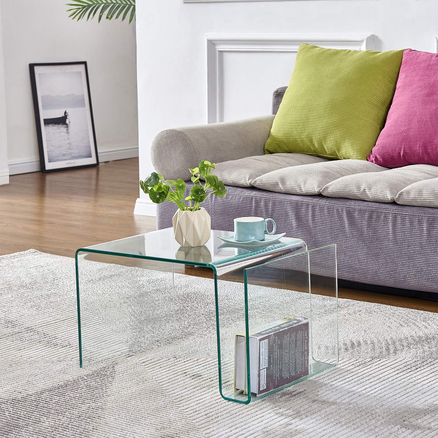 Modern S-Shaped Nightstand with Glass Top & Storage Shelves - Stylish Bedside Table for Bedroom, Compact End Table for Living Room - Perfect for Small Spaces, Apartments & Dorm Rooms