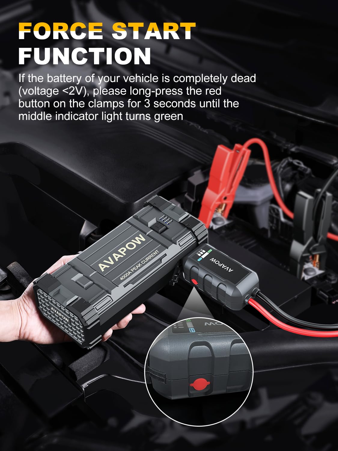 AVAPOW 4000A Peak Car Jump Starter for All Gas & 10L Diesel Engines - 12V Portable Booster Power Pack with LED Light & USB Quick Charge 3.0 - Emergency Roadside Assistance, Camping, RV Travel Power Backup