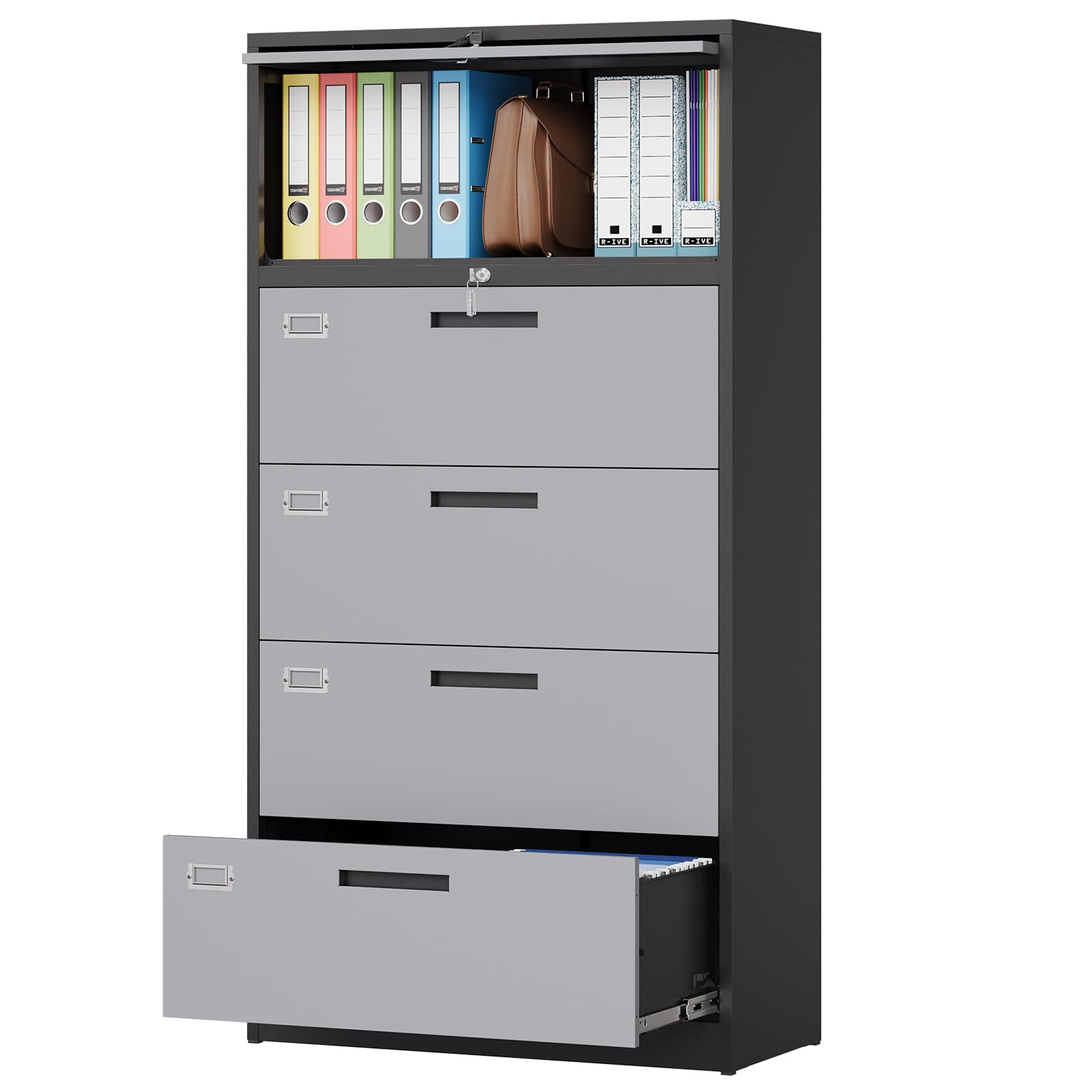 MIIIKO 4 Drawer Metal File Cabinet with Shelf & Flip Door - 5 Tier Lateral Filing Cabinet with Lock, 36