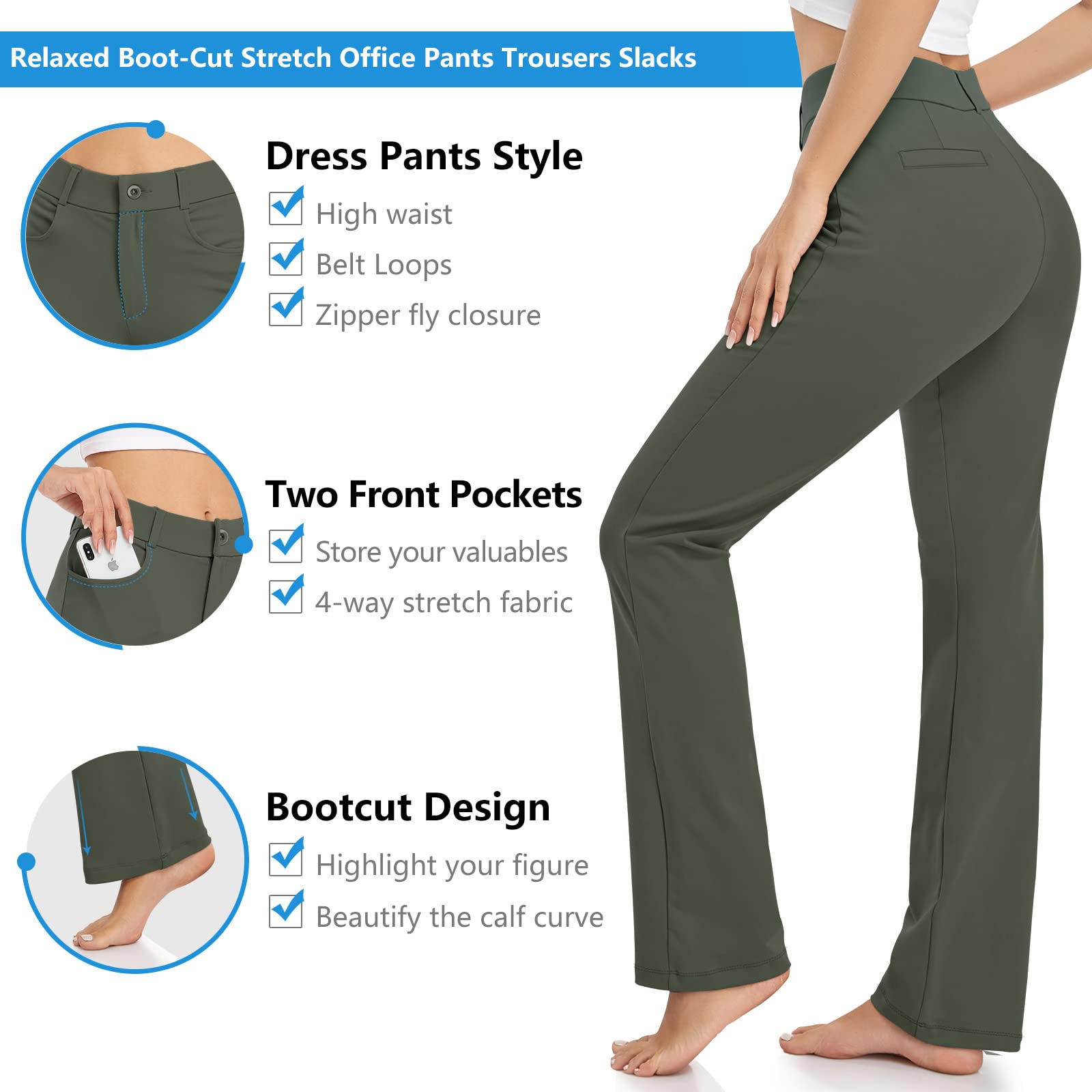 HISKYWIN Women's Stretchy Yoga Dress Pants - Straight Leg & Bootcut Office Slacks with Pockets for Business Casual, Petite - Perfect for Work, Yoga & Everyday Wear