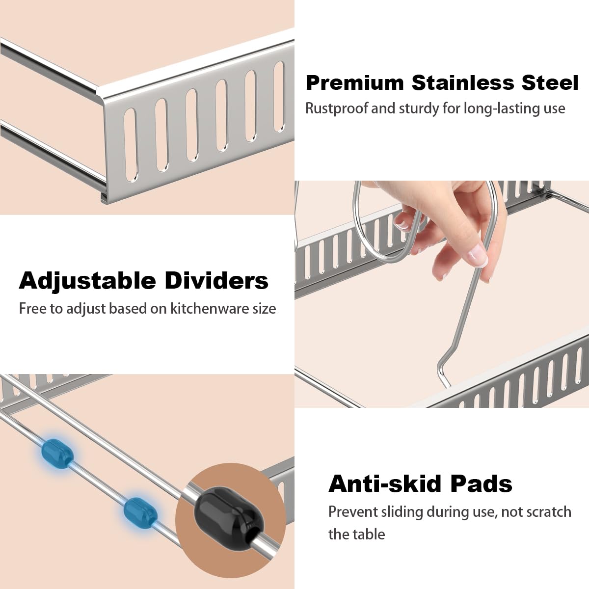 Stainless Steel Pot and Pan Organizer Rack for Kitchen Cabinet - 7 Adjustable Dividers for Pots, Pans & Lids Storage - Space Saving Cabinet Organizer for Cookware (Silver) | Perfect for Small Kitchens, RV Cooking & Organized Pantries
