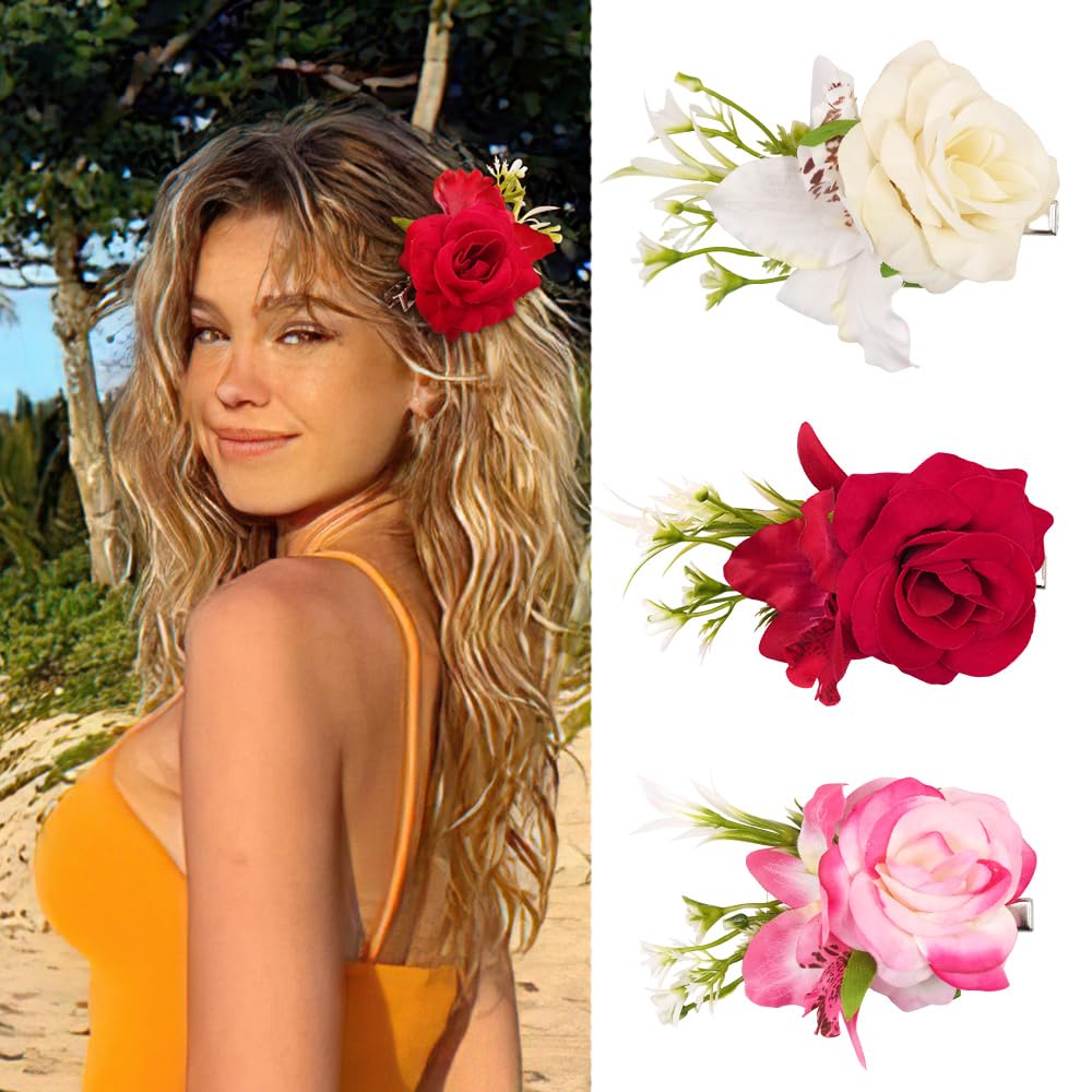 3PCS Rose Flower Hair Clips for Women & Girls - Large Hawaiian Artificial Flower Hair Barrettes with Leaves - Wedding Beach Luau Party Hair Accessories - Perfect for Bridal, Vacation, and Summer Hairstyles