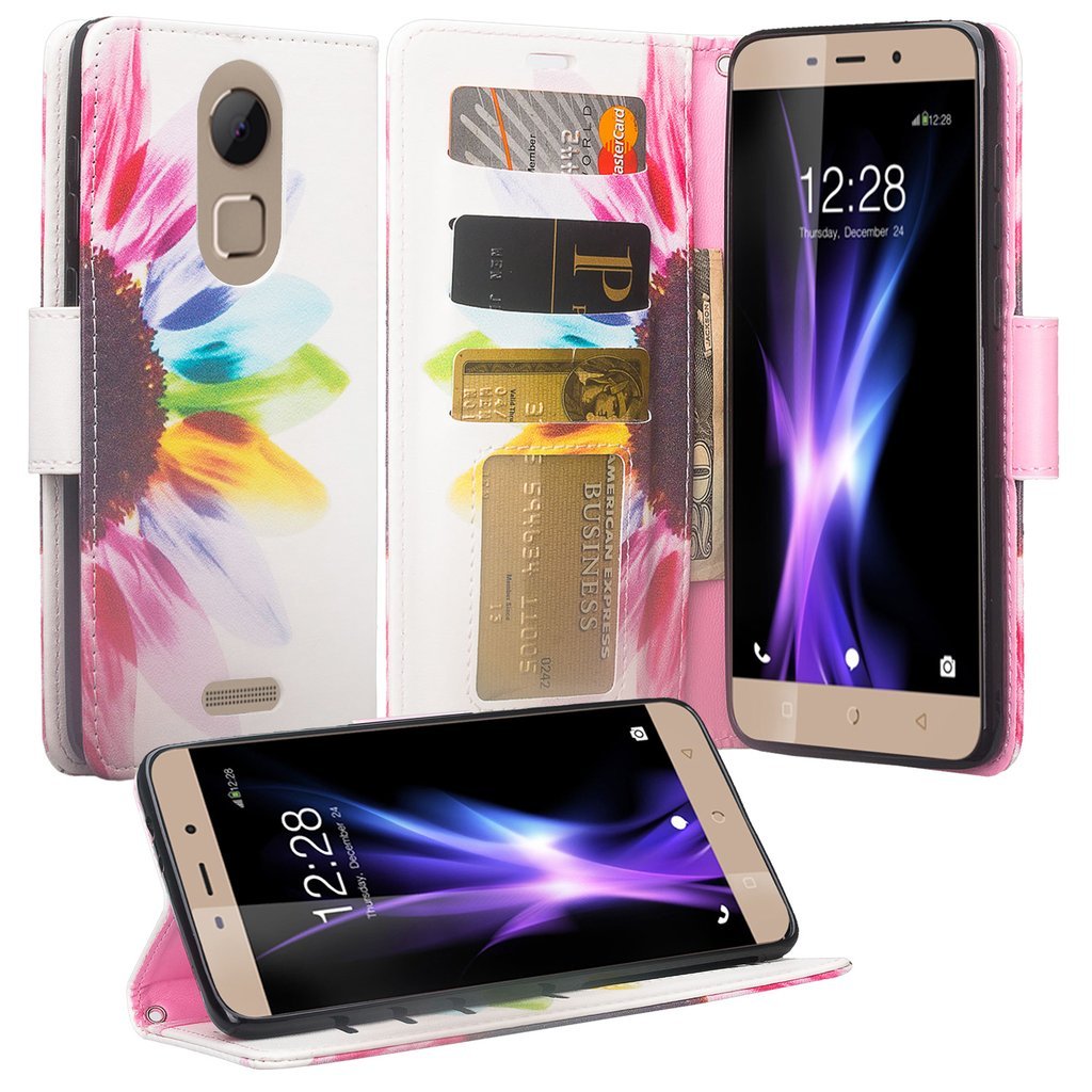 Coolpad REVVL Plus Case for T-Mobile | PU Leather Wallet Flip Folio Cover with Kickstand, ID & Credit Card Slots | Sun Flower Design | Perfect for Work, Travel & Daily Protection