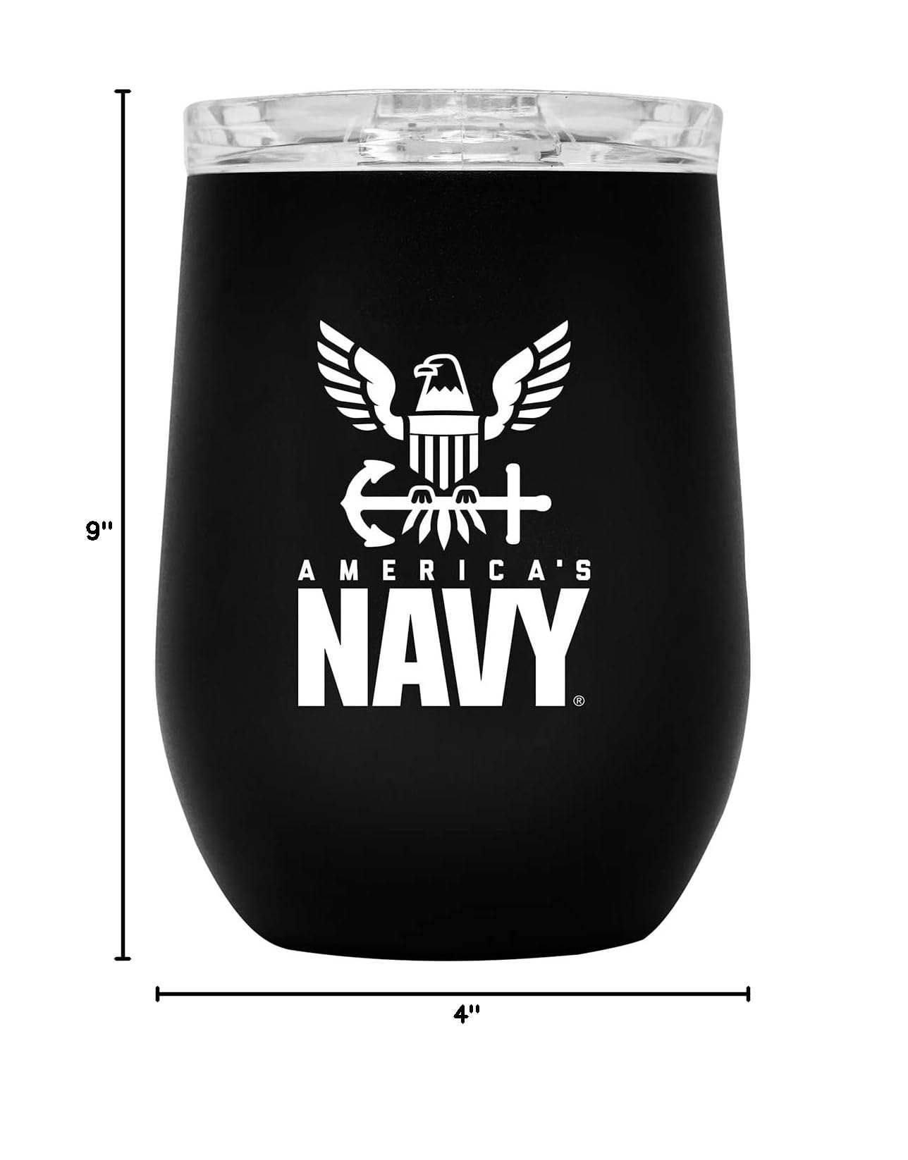 US Navy Steel Stemless Wine Glass Tumbler - 12oz Double Wall Vacuum Insulated Whiskey Cup with Lid, Matte Black with USN Logo - Perfect for Outdoor Camping, Military Gifts & Home Bar Accessories