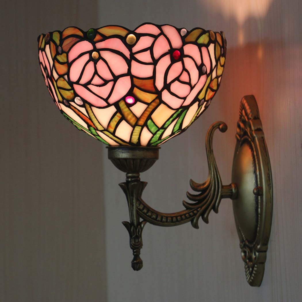 Tiffany Style Wall Light - 8 Inch Rose Stained Glass Shade, E27 Bedside Lamp for Bedroom, Living Room, Hallway, Stairs & Balcony | Vintage Home Decor Lighting Fixture for Cozy Ambiance