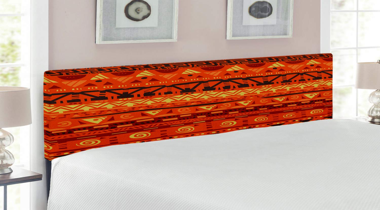 Ambesonne Tribal King Size Headboard - Antique Folkloric Geometric Design Upholstered Metal Bed Frame with Memory Foam in Orange Yellow | Bohemian Bedroom Decor for Master & Guest Rooms
