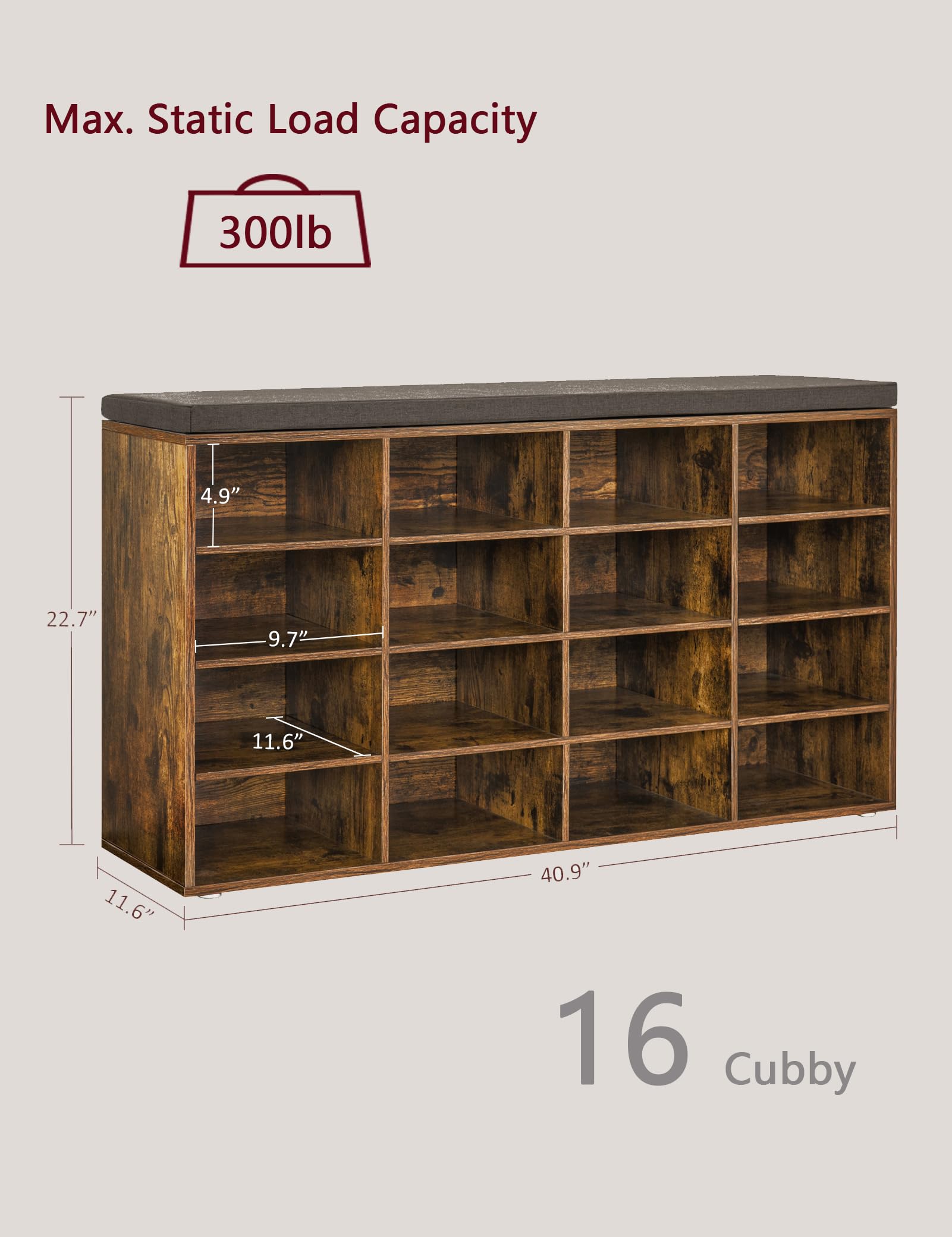 DINZI LVJ 16-Cubby Shoe Storage Bench with Cushion - Adjustable Shelves Multifunctional Shoe Organizer for Entryway, Mudroom, Hallway - Rustic Brown | Perfect for Small Spaces, Home Organization & Shoe Display