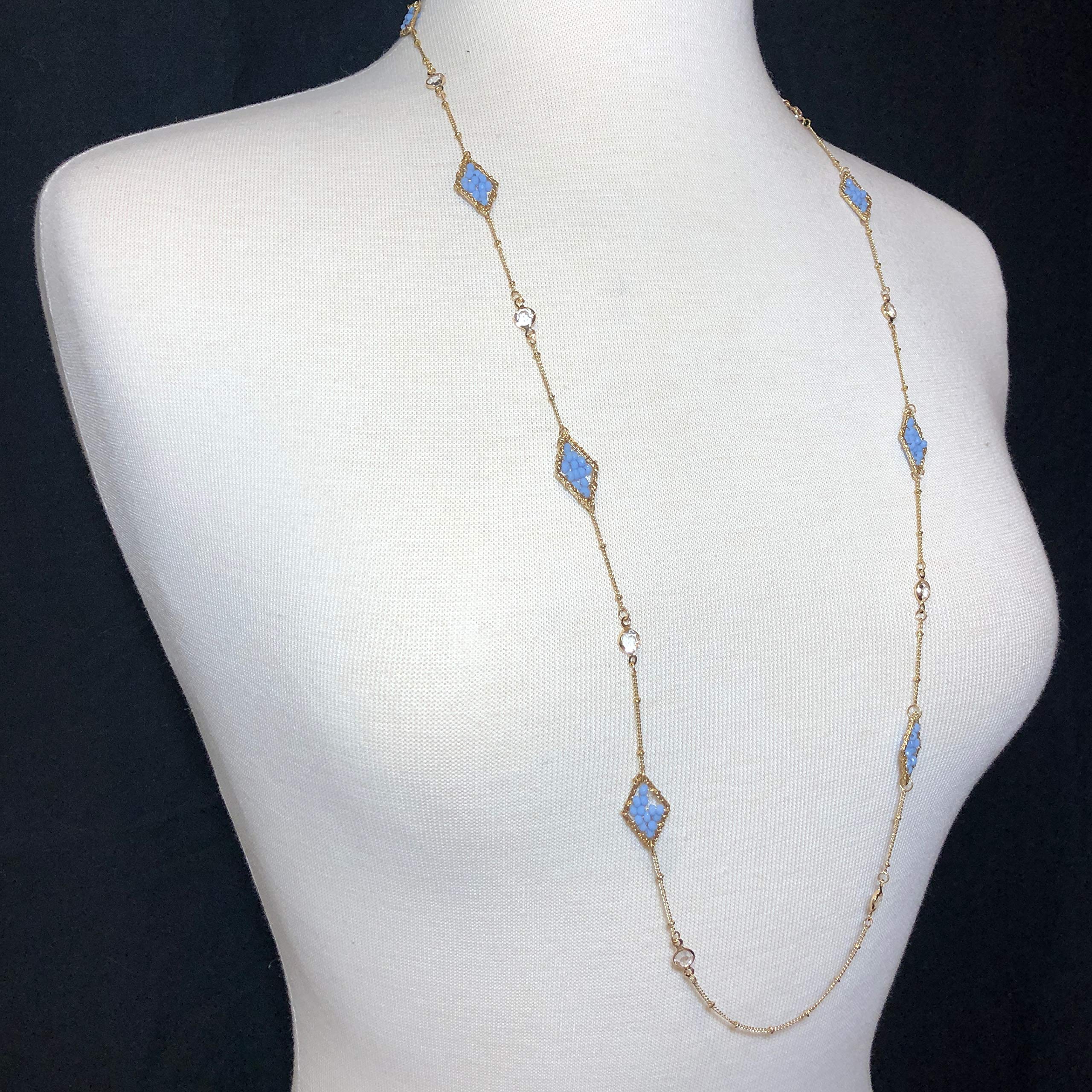 Gypsy Jewelry Long Simple Glass Bead Diamond Pendant Dainty Gold Tone Necklace for Women - Perfect for Boho Style, Casual Wear & Special Occasions