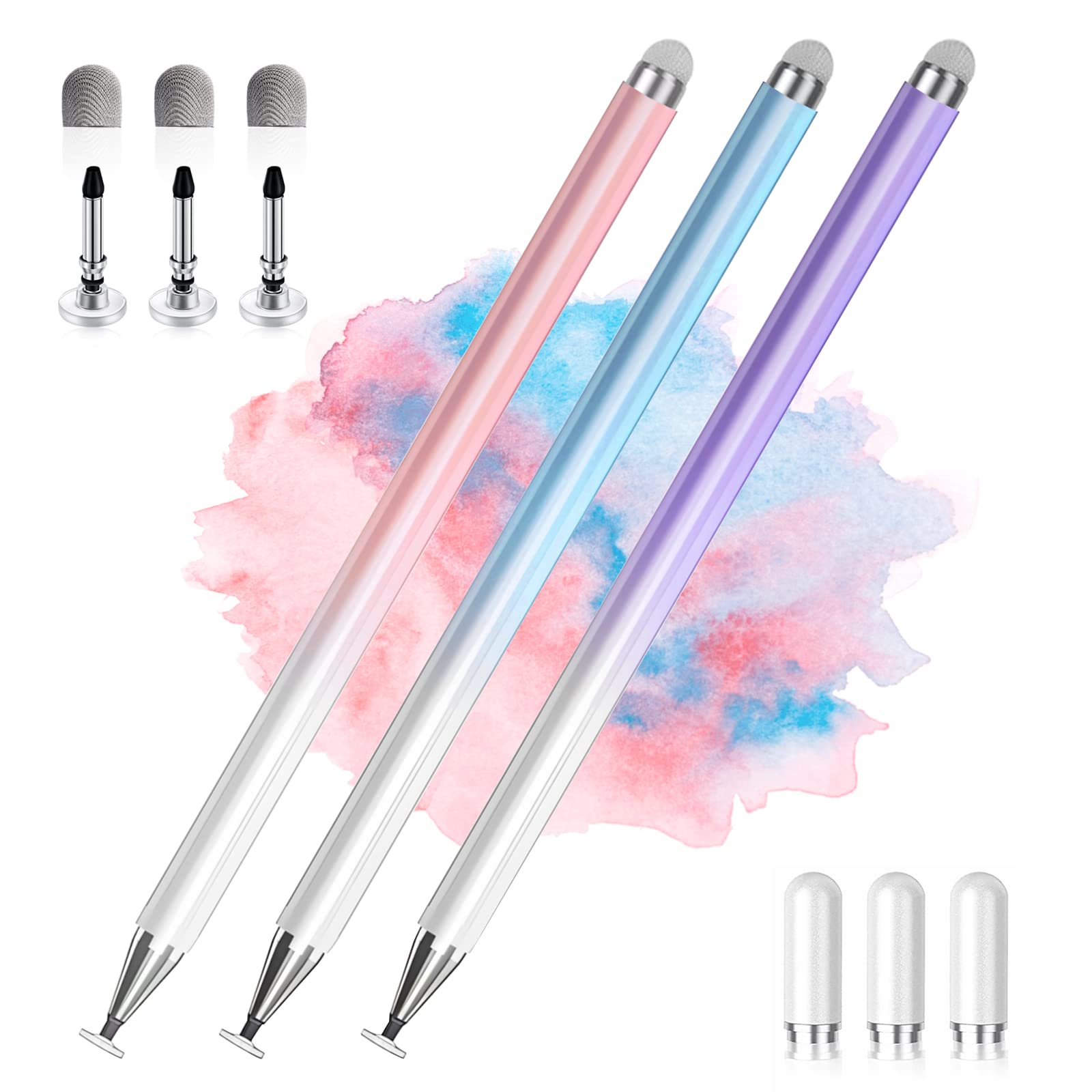 2-in-1 High Precision Stylus Pen for iPad & Android Tablets - Universal Touch Screen Stylus Compatible with iPhone, iPad, Microsoft Surface (3 Pack - Blue, Pink, Purple) - Perfect for Drawing, Note Taking & Digital Signatures