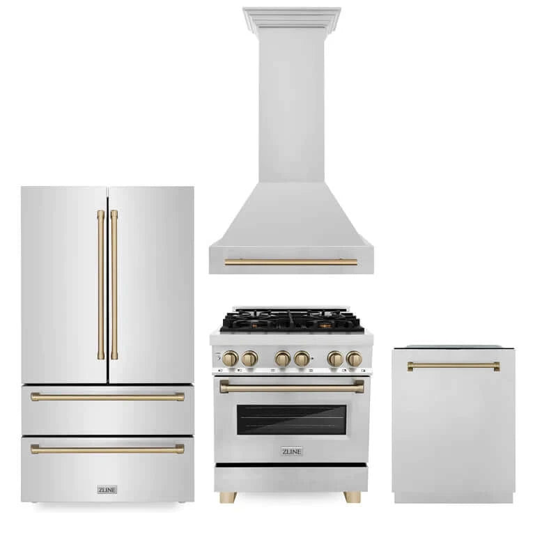 ZLINE Autograph Edition 30-inch Stainless Steel Dual Fuel Range Kitchen Package with Range Hood, Dishwasher & Refrigerator - Champagne Bronze Accents (4KAPR RARHDWM30 CB) | Premium Kitchen Appliances for Modern Homes & Professional Chefs