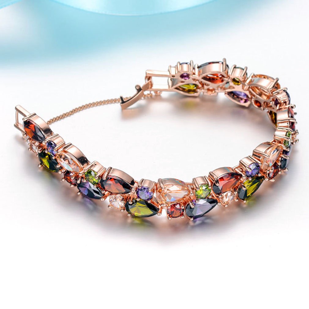 14K Rose Gold Plated Cubic Zirconia Tennis Bracelet for Women - Elegant Multicolor Gemstone Jewelry Gift (7-8 Inch) | Perfect for Weddings, Parties & Everyday Wear