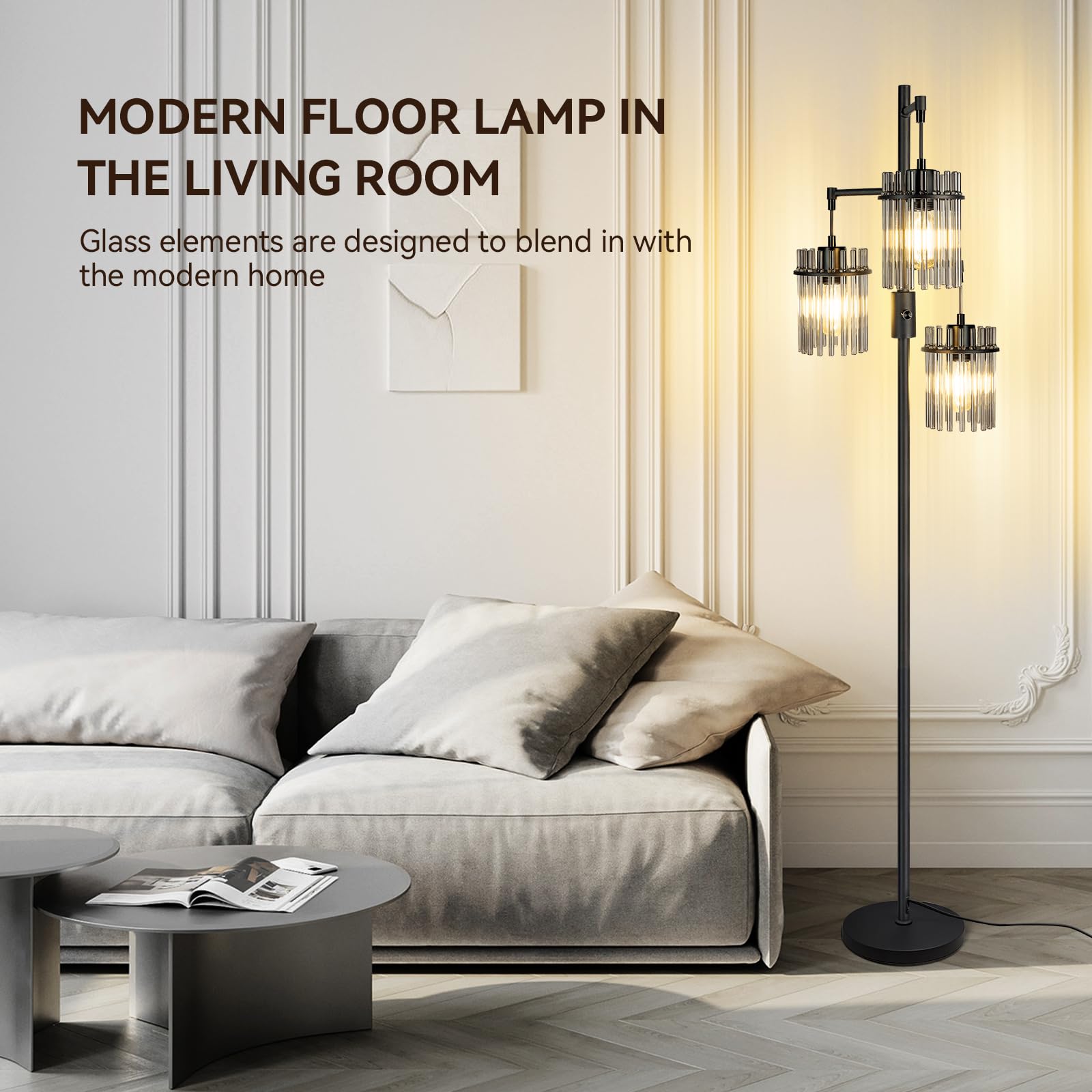 Dimmable Industrial Floor Lamp - 66 Inch Tall Glass Tree Standing Lamp with 3 Teardrop Cage Heads & 800 Lumens LED Bulbs for Living Room, Bedroom, Office - Modern Lighting for Home Decor & Workspace Ambiance
