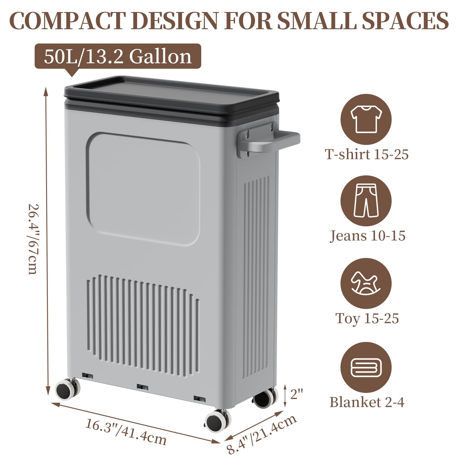 50L Plastic Laundry Basket with Wheels & Lid - Slim Laundry Hamper for Narrow Spaces - Easy Roll Handle for Bedroom, Dorm & Laundry Room - Perfect for Small Apartments & College Students