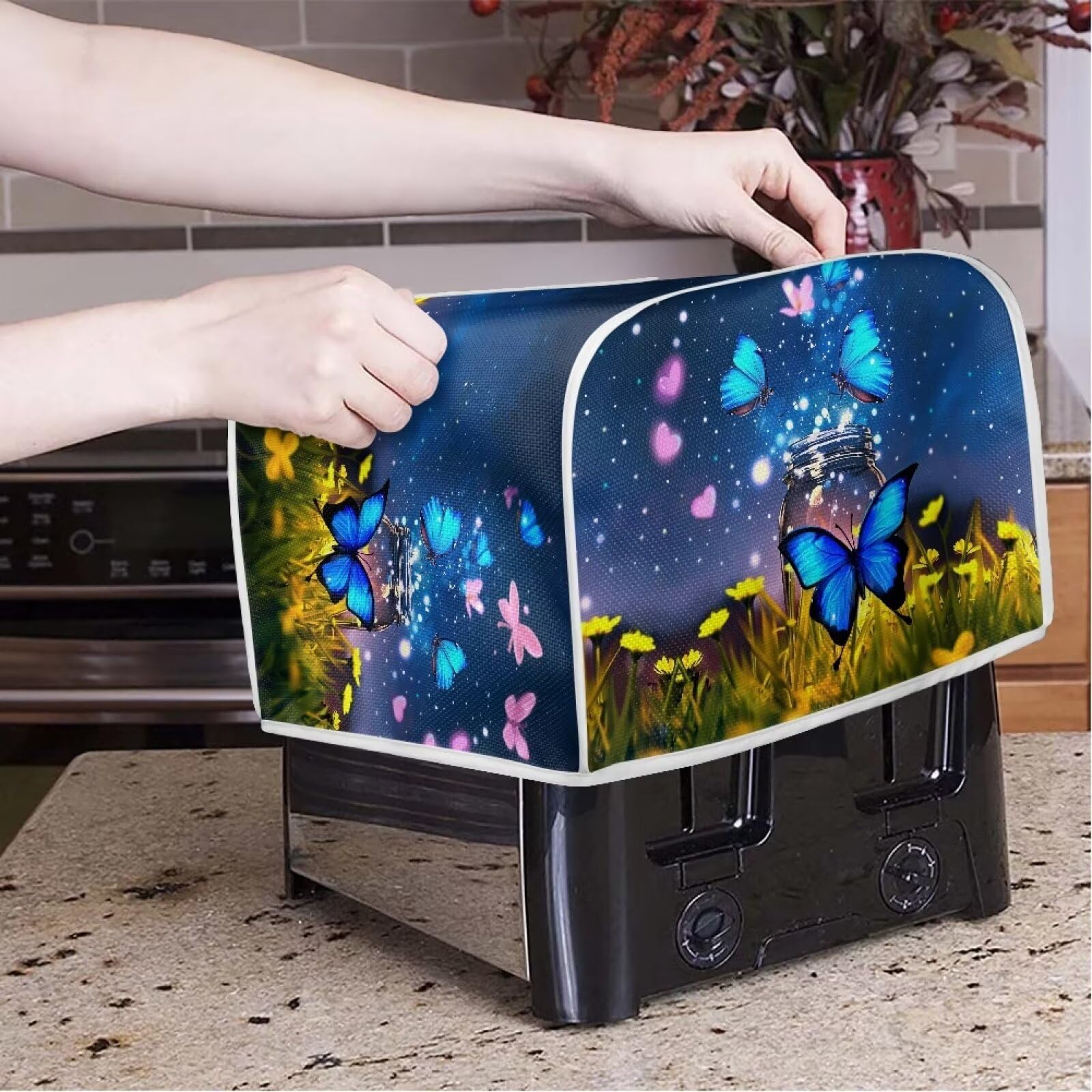 Butterfly Heart Flower Print Toaster Cover - 4 Slice Dust Protection Washable Kitchen Appliance Cover with Handle for Toaster Oven & Bread Maker | Perfect for Home, Kitchen, Breakfast & Dining Room Decor