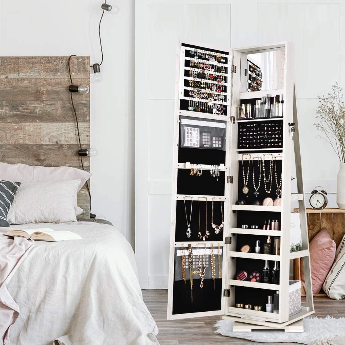 Byroce 360° Rotating Jewelry Organizer Stand - Full Length Mirror with Lockable Storage Cabinet, Built-in Makeup Mirror & 3-Tier Rear Shelves - White Jewelry Armoire for Bedroom, Dressing Room & Closet Organization