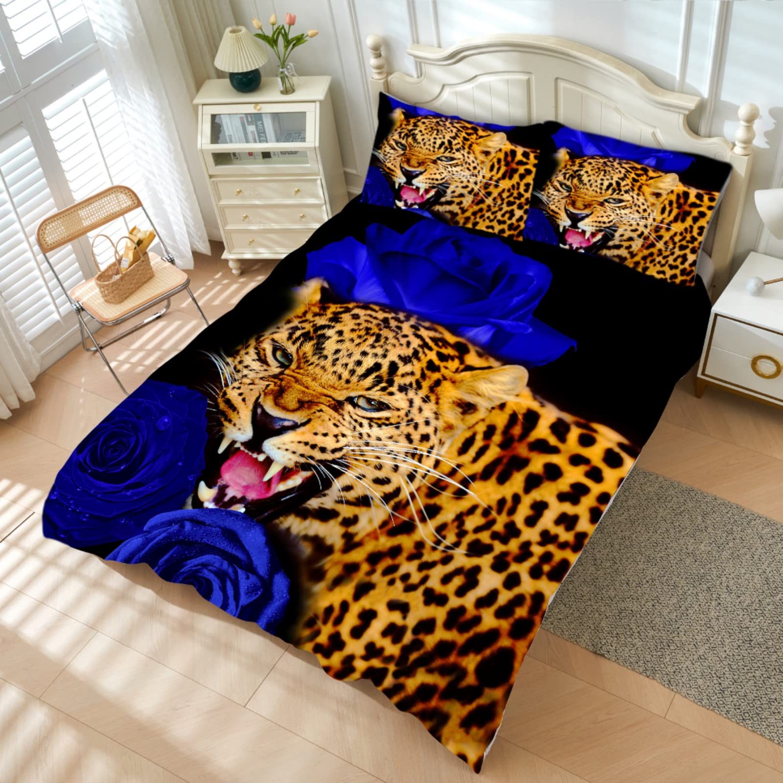 YHXSLY Leopard Print Duvet Cover Set - African Animal Cheetah Pattern with Blue Rose Design, Queen/King Size Bedding Set with Pillowcases - Perfect for Boys, Women & Jungle-Themed Bedrooms
