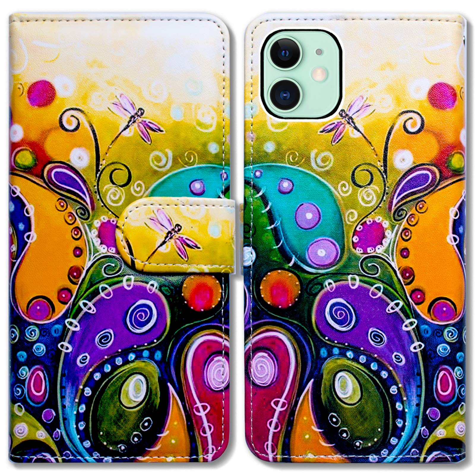 Premium Leather Flip Wallet Case for iPhone 13 Mini with Card Slots & Kickstand - Stylish Dragonfly Design for Protection & Convenience | Perfect for Everyday Use, Travel, and Business Meetings