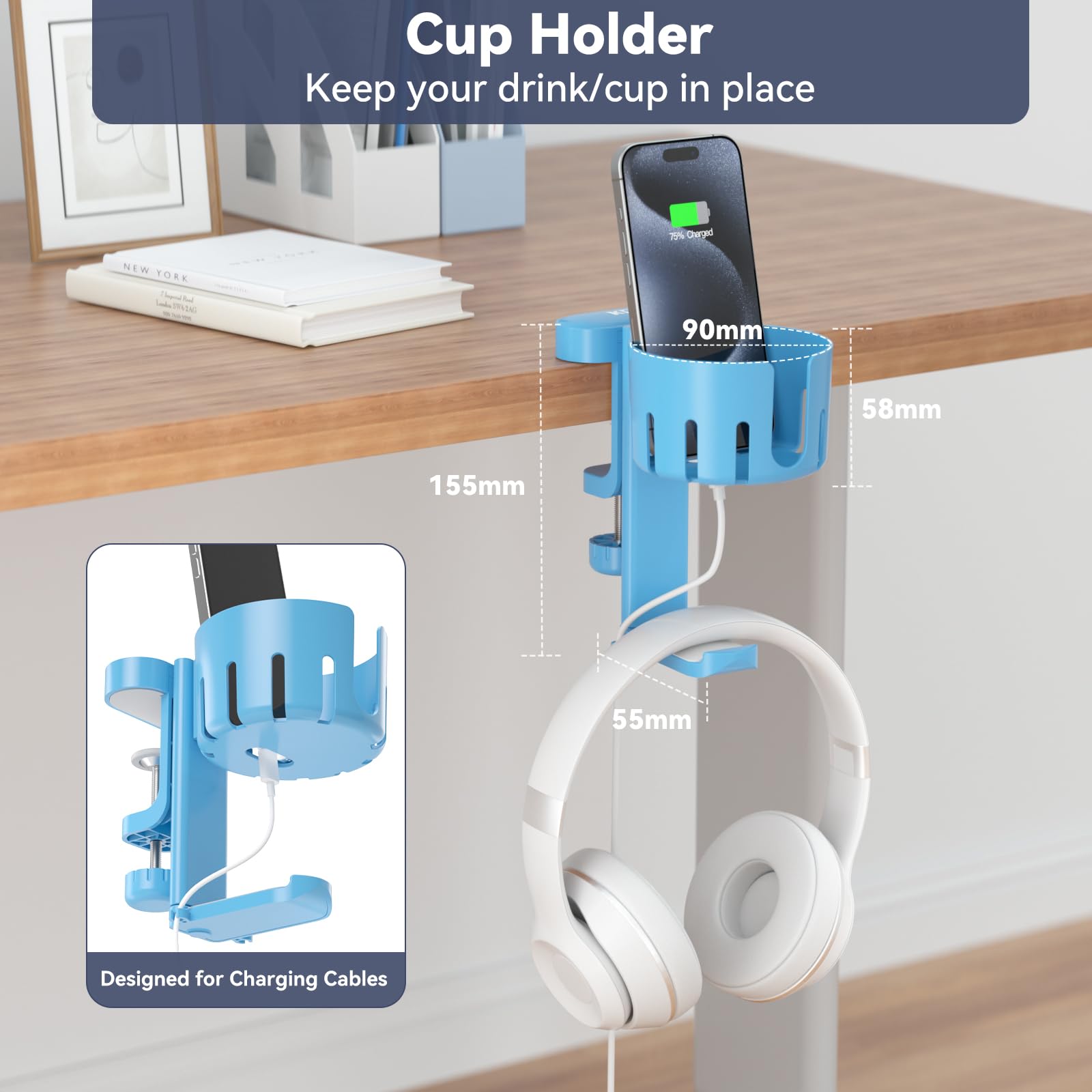 KDD 2-in-1 Rotatable Under Desk Headphone Hanger with Cup Holder - Space Saving Desk Organizer for Headset & Coffee Mug/Water Bottle (Blue) - Perfect for Home Office, Gaming Setup & Workspace Organization