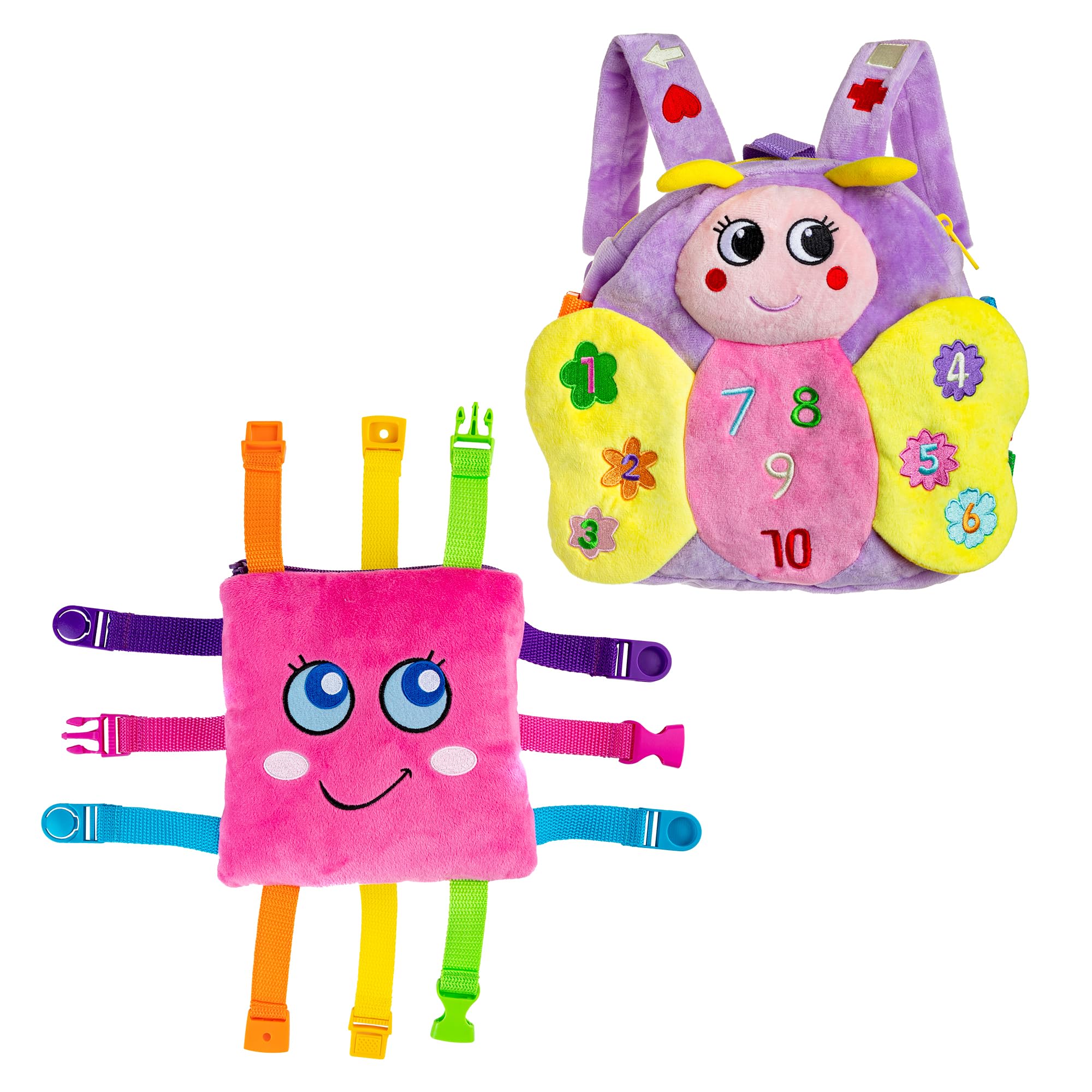 Buckle Toys - Blossom Butterfly & Bella Square Sensory Toys for Toddlers | Pink & Purple Bundle | Fine Motor Skills Development & Travel Play