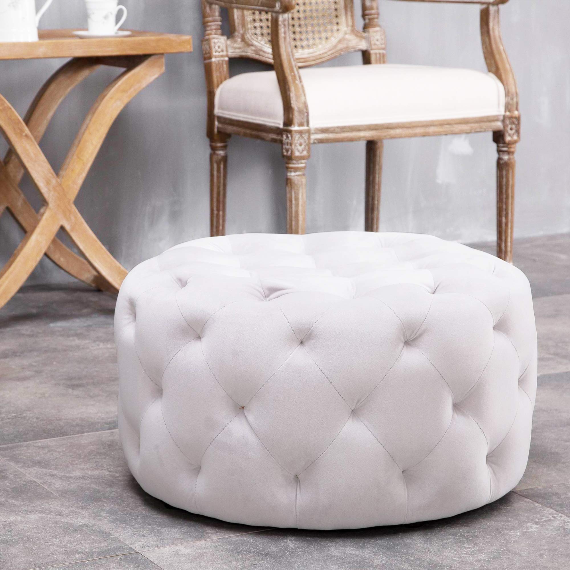 Tiffany Meerna 24-inch Round Tufted Padded Ottoman - Medium Size White Storage Footrest - Perfect for Living Room, Bedroom & Nursery Decor