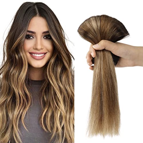 Clip in Hair Extensions 16 Inch - Dark Brown to Chestnut Brown & Dirty Blonde Highlighted Human Hair Extensions (120g, 7pcs) by Lashey - Perfect for Parties, Weddings & Everyday Styling