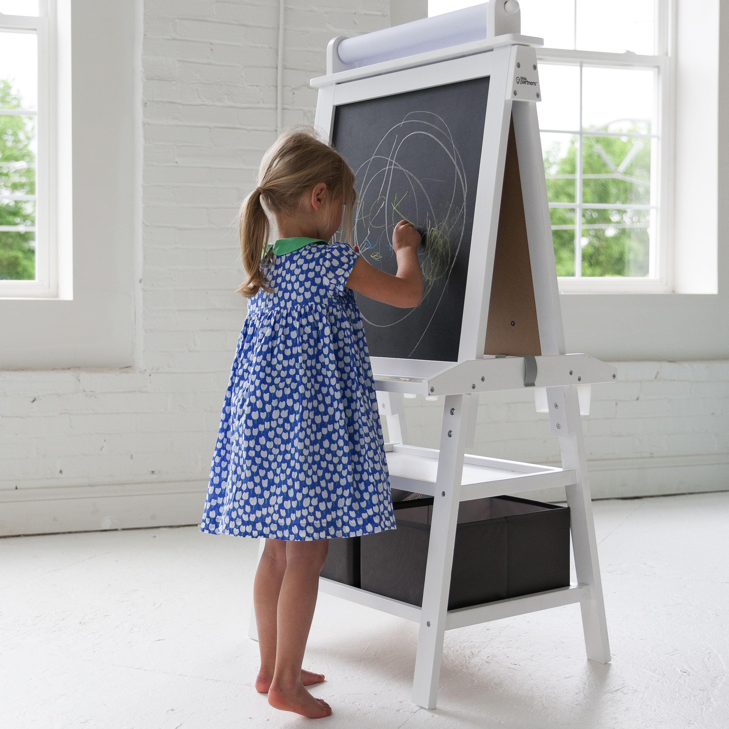 Little Partners Deluxe Learn 'N Play Toddler Easel - 2-Sided Kids Art Center with Chalkboard & Magnetic Whiteboard, Paper Roll, Storage Bins & Paint Cups (Soft White) | Perfect for Home, Preschool & Creative Play