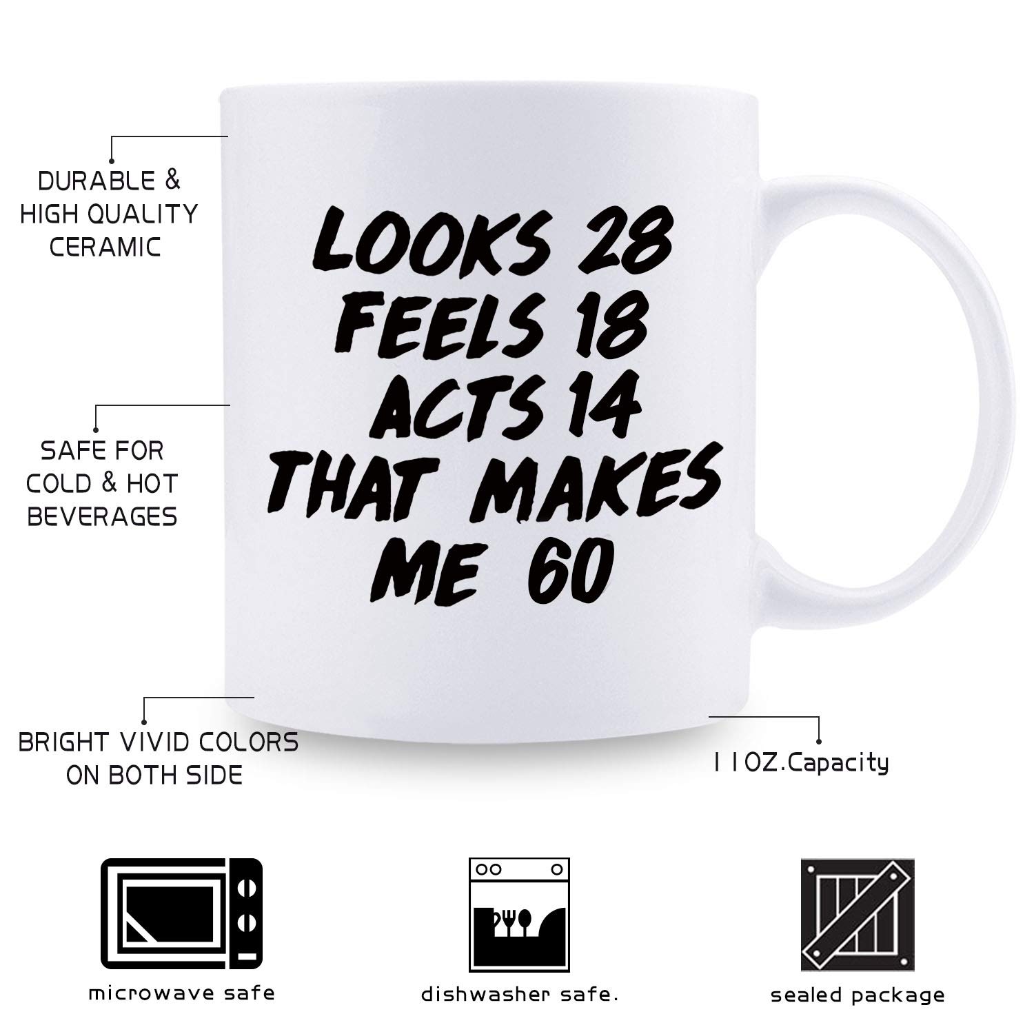 60th Birthday Gifts for Women 1959 - Funny 60 Years Old Birthday Coffee Mug for Mom, Wife, Sister, Friend - 11oz Ceramic Cup - Perfect Retirement Gift, Office Gift, Mother's Day Present