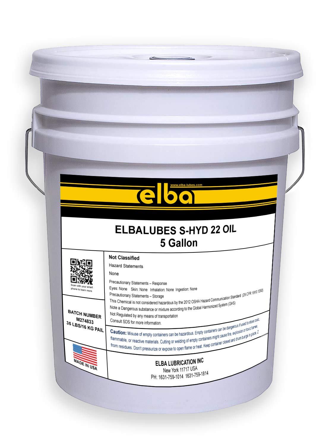 ELBALUBES S-HYD 22 Zinc-Free Ashless Hydraulic Oil - 5 Gallon Pail | Industrial Hydraulic Fluid Equivalent to Mobil VELOCITE 10, Shell TELLUS 22, Rando 22, NUTO 22 | Ideal for Heavy Machinery, Hydraulic Systems & Industrial Equipment