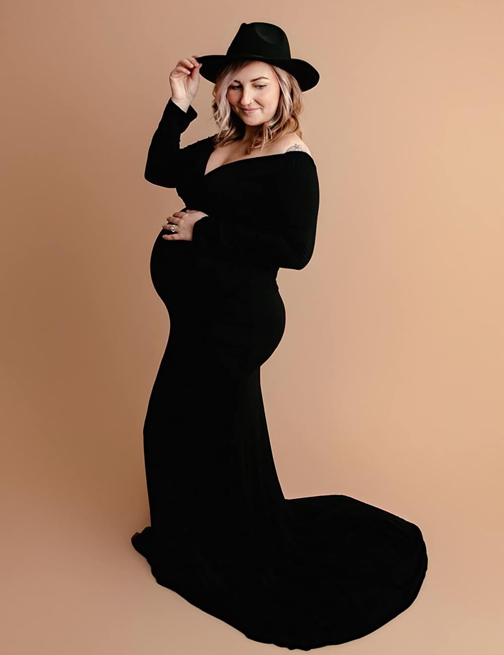 VSNOW Elegant Long Sleeve Maternity Maxi Dress - Slim Fit Pregnancy Photoshoot Gown for Baby Shower, Maternity Photos & Special Occasions