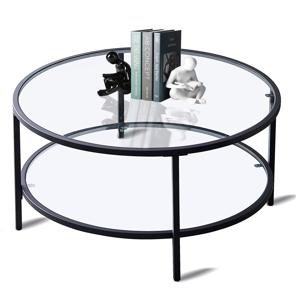 Modern Round Glass Coffee Table with 2-Tier Tempered Glass & Metal Frame - Black Living Room Center Table with Storage Shelf for Dining Room, Tea Time, and Home Décor - Perfect for Small Spaces and Contemporary Interiors