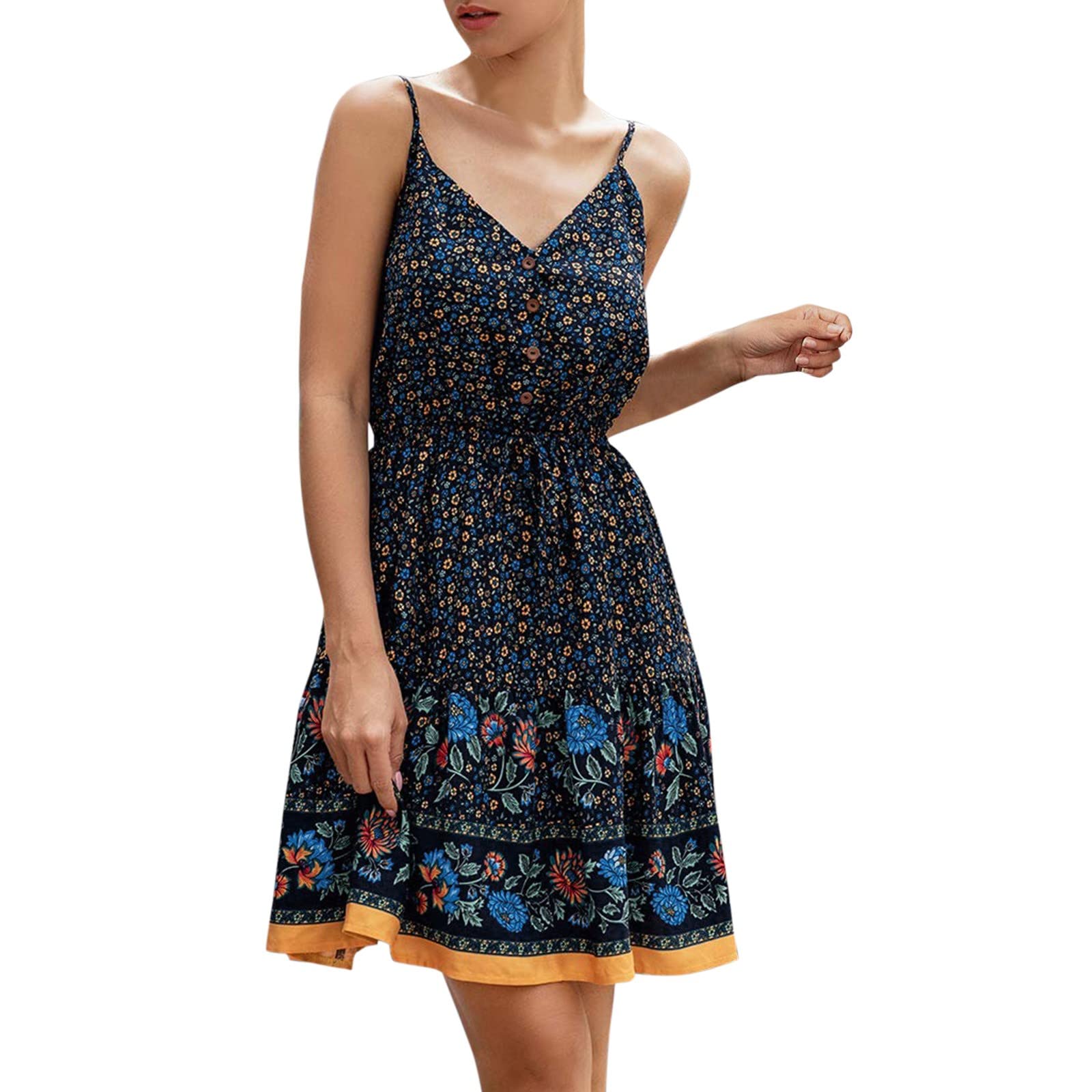 Women's Floral Print Summer Sun Dress - V Neck Spaghetti Strap Mini Dress with Button Waistband | Beach Vacation, Garden Party & Date Night Outfit