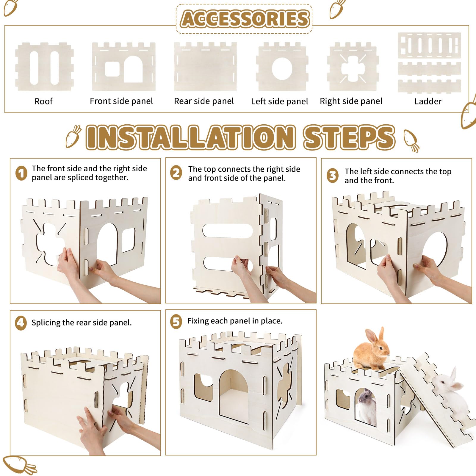 Wooden Rabbit Hideout Castle with Stairs - Indoor Rabbit House for Small Pets Like Guinea Pigs & Chinchillas - Perfect for Playtime, Resting & Cage Enrichment