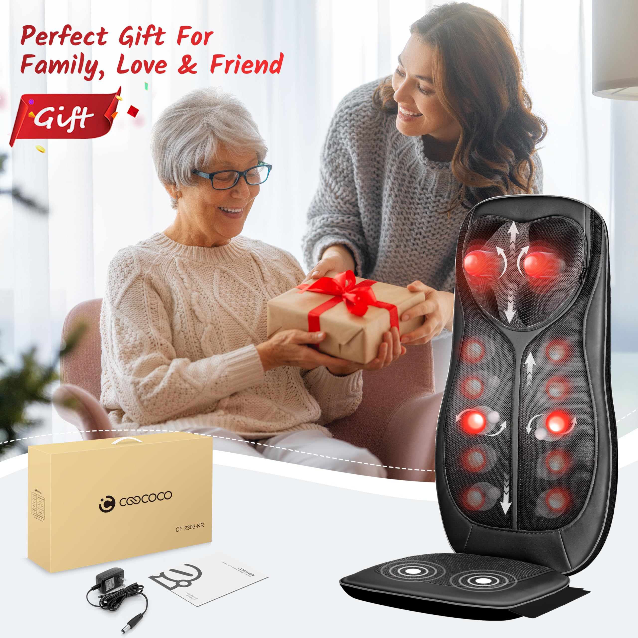 CooCoCo Shiatsu Neck & Back Massager with Heat - Adjustable Kneading Massage Chair Pad for Full Body Relaxation - Perfect Gift for Men & Women - Ideal for Office, Home & Car Use to Relieve Muscle Pain & Stress