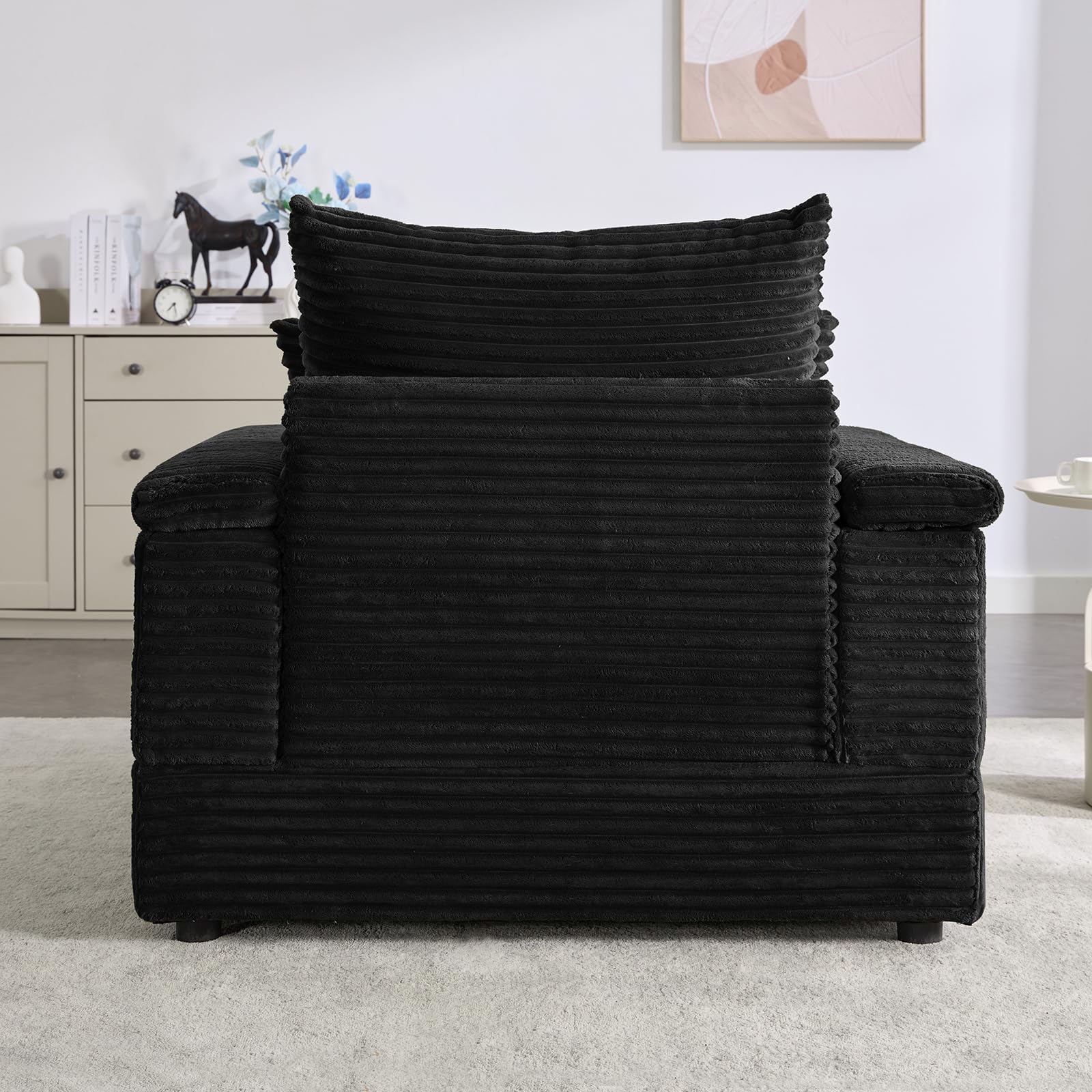 Oversized Chaise Lounge Chair with Ottoman - Reclining Upholstered Corduroy Sofa for Living Room, Comfy Sleeper Chair in Black (42.5