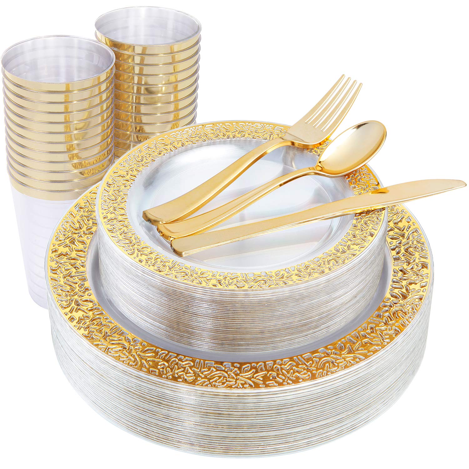150-Piece Gold Plastic Party Dinnerware Set - 25 Dinner Plates, 25 Dessert Plates, 25 Gold Tumblers & 25 Gold Silverware with Elegant Lace Design - Perfect for Weddings, Birthdays, Baby Showers & Formal Events