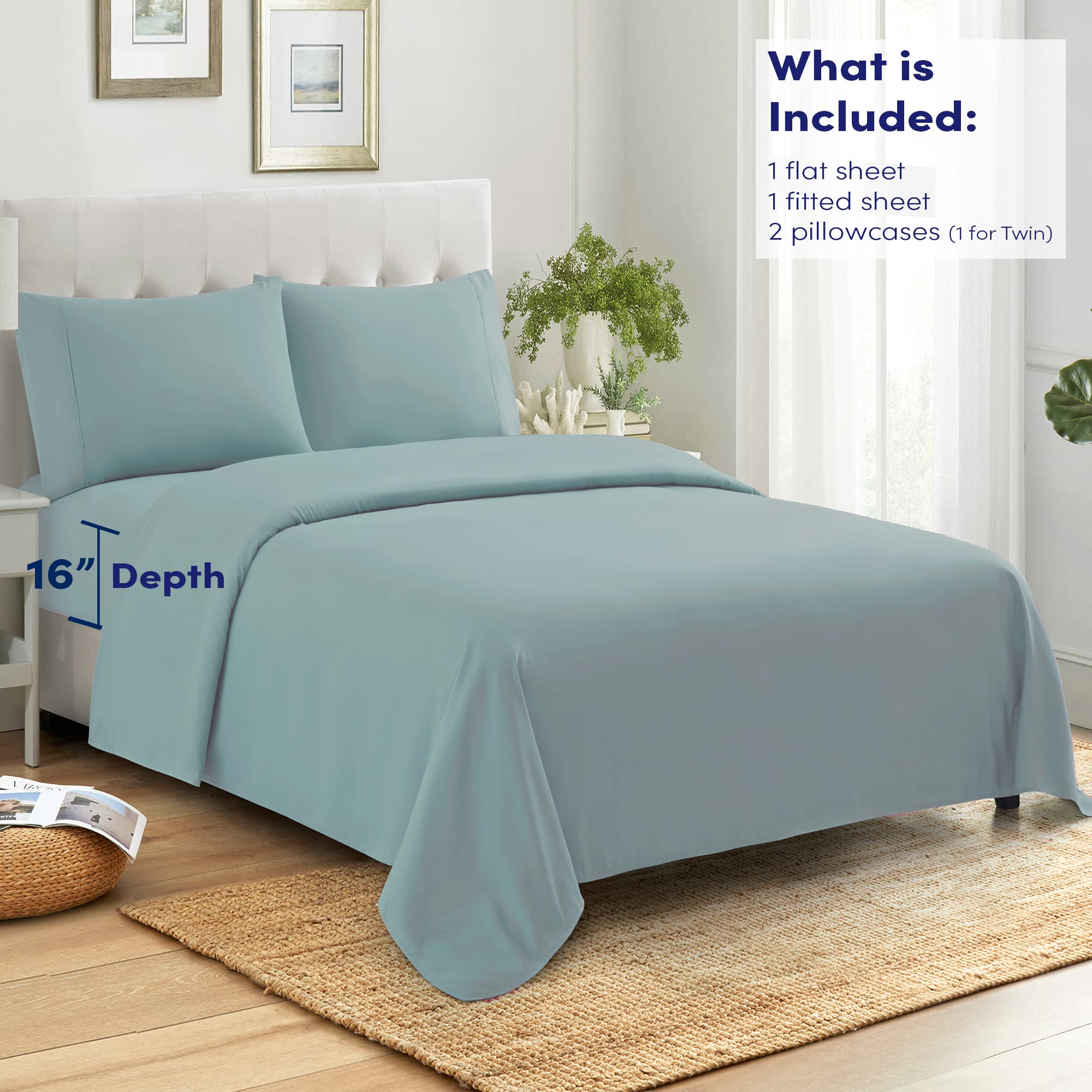 Premium 100% Egyptian Cotton Full Size Bed Sheet Set - 400 Thread Count, Ultra Soft & Breathable - 4 Piece (Fitted Sheet, Flat Sheet, 2 Pillowcases) - Misty Blue - Perfect for Guest Rooms, Dorms & Cozy Bedrooms