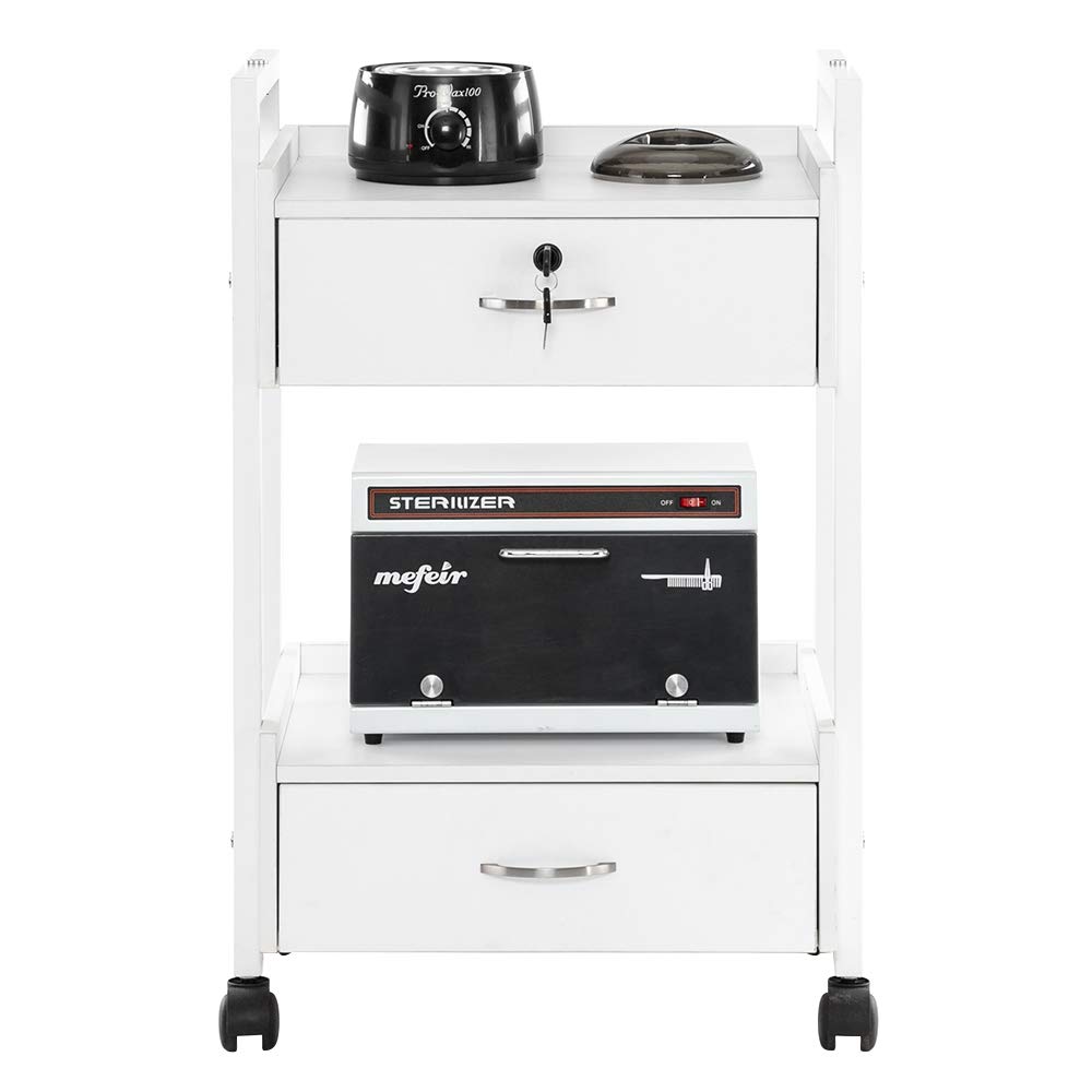 Professional Salon Trolley Cart for Beauty SPA & Massage - White Wooden Rolling Storage Cabinet with 2 Drawers (1 Lockable) - Mobile Utility Station for Estheticians, Tattoo Artists & Medical Supplies - Perfect for Facial Treatments, Waxing & Nail Services
