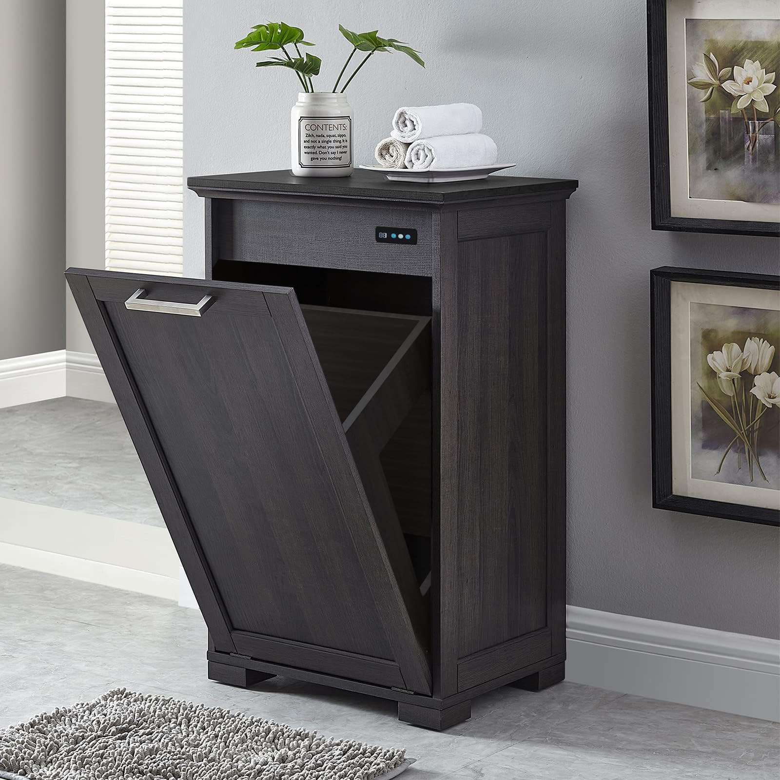 OLD CAPTAIN Wooden Tilt-Out Trash Cabinet - 10 Gallon Hidden Kitchen Trash Can with Dark Brown Finish & Black Top Panel | Space-Saving Waste Bin Organizer for Small Kitchens, Pantries & Bathrooms