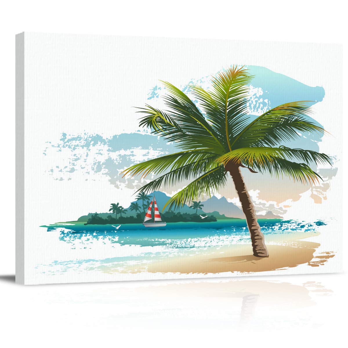 Stretched Canvas Wall Art - Tropical Ocean Coastal Painting with Palm Trees & Sailboat - Blue Sky & Clouds Decor - 20
