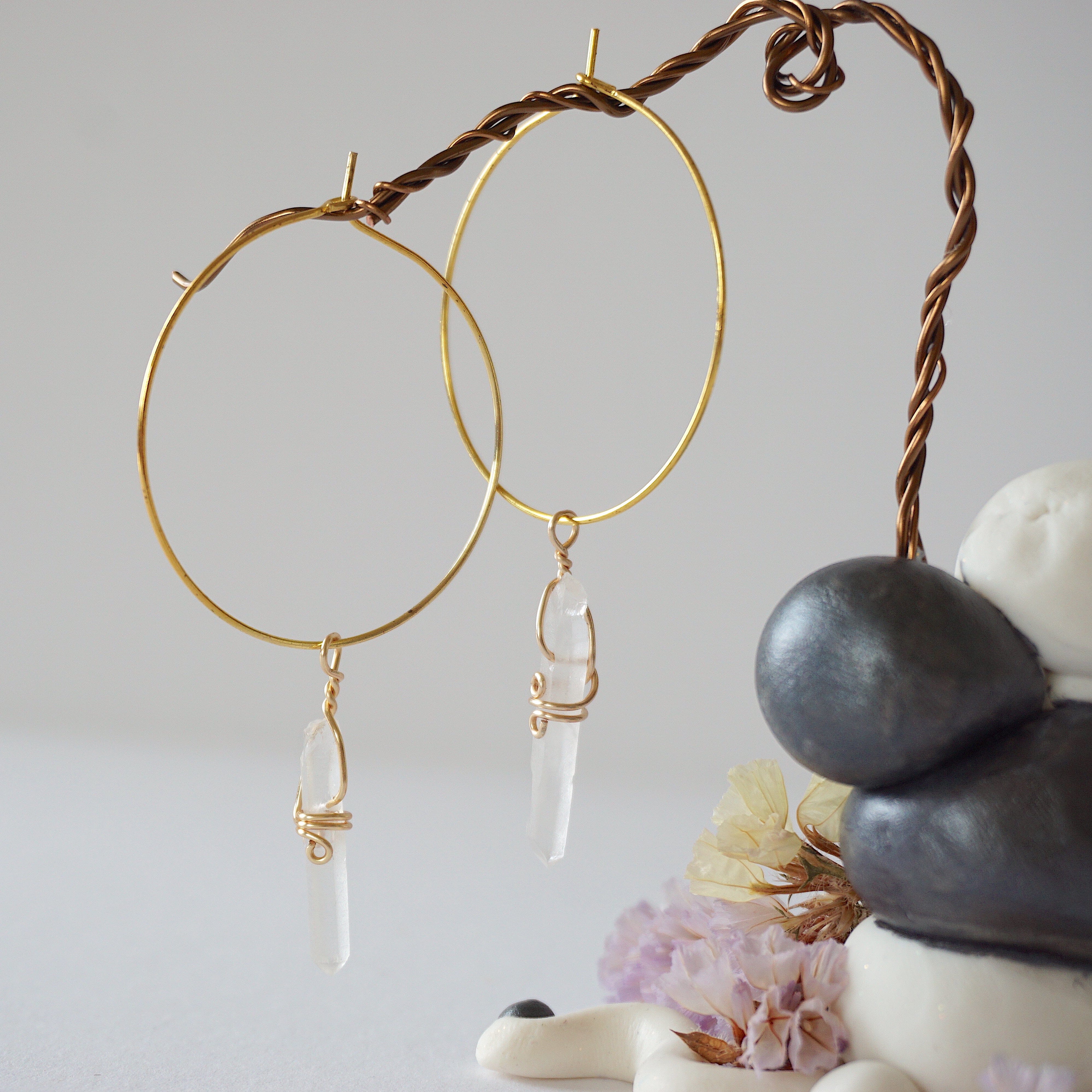 Gold Plated Clear Quartz Charm Hoop Earrings for Women – Elegant Boho Jewelry for Everyday Wear & Special Occasions