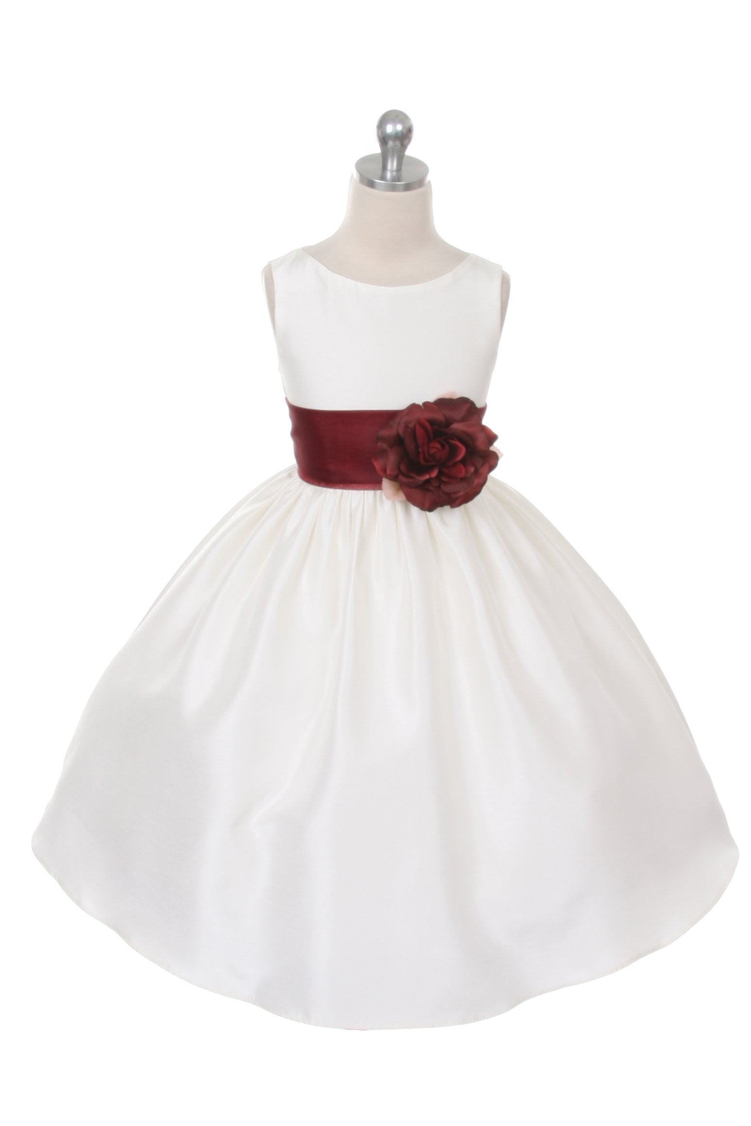 Ivory Classic Poly Silk Girls Dress with Organza Sash - Elegant Flower Girl Dress for Weddings, Parties & Special Occasions
