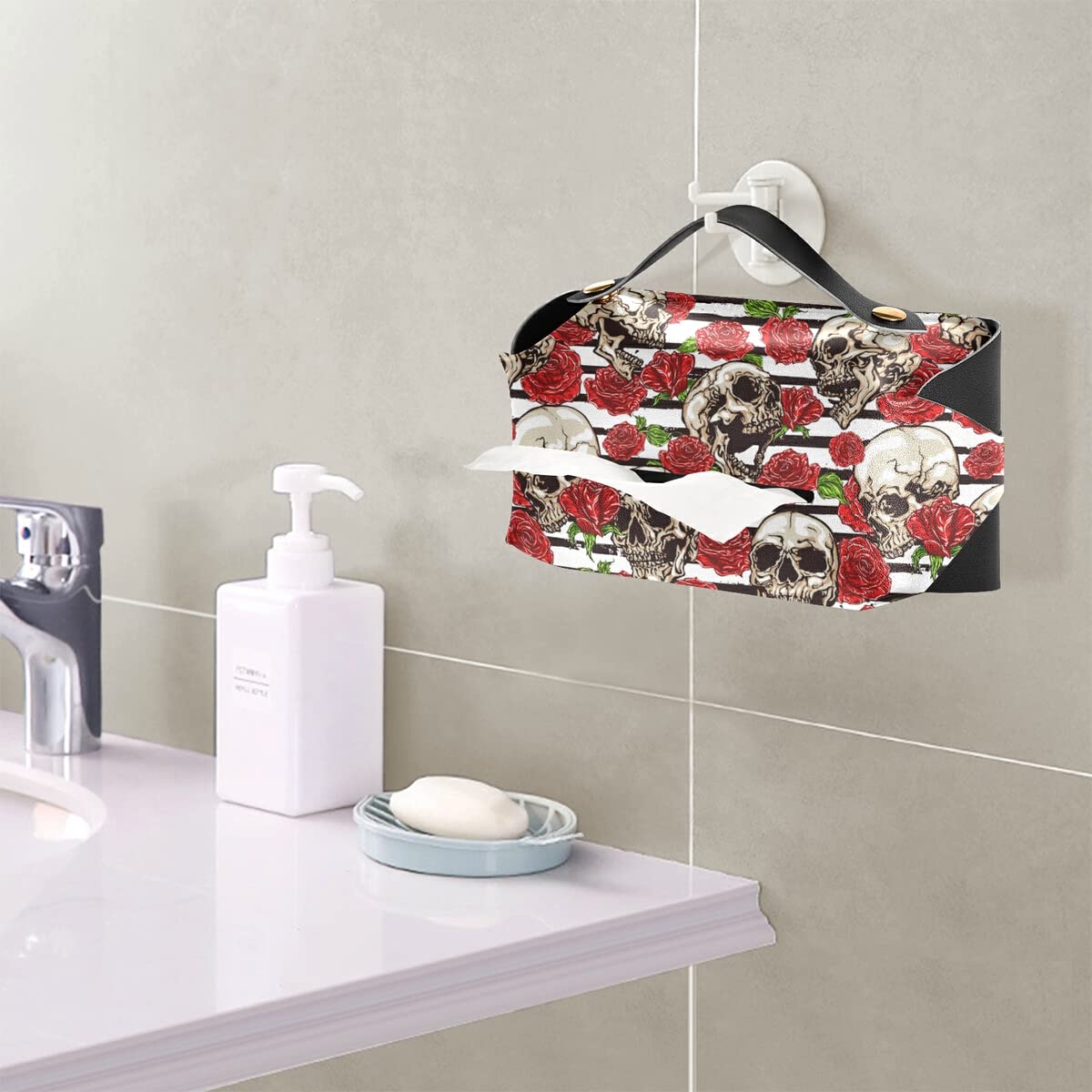 Skulls and Red Roses PU Leather Tissue Box Cover - Rectangle Facial Tissue Dispenser with Hanging Loop for Countertops, Nightstands | Gothic Home Decor for Living Room, Bedroom, Bathroom