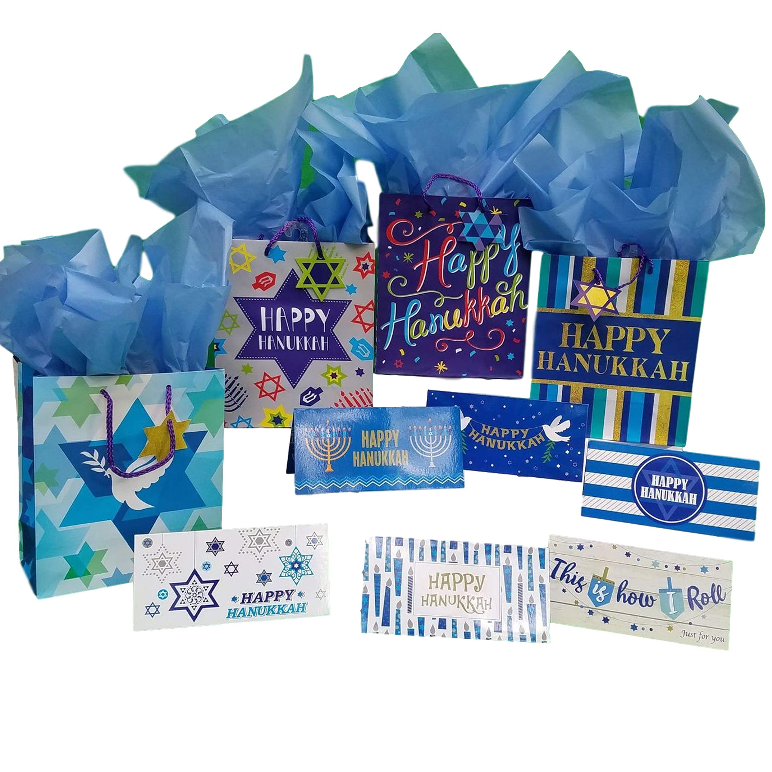 Hanukkah Gift Bags Set of 4 Premium Designs with Tissue Paper & 6 Money Holder Cards - Perfect for Jewish Holiday Gifts, Party Favors, and Cash Gifts