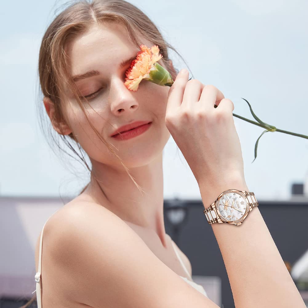 OLEVS Women's Automatic Diamond Dress Watch - Rose Gold Ceramic Bracelet, Stainless Steel Case with Date Function | Perfect for Formal Events, Office Wear & Special Occasions
