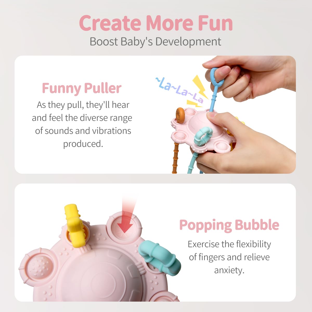 Montessori Baby Pull String Toy - 100% Food Grade Silicone with Built-in Rattle, Easy to Clean Teething Toy for Infants (Pink) - Perfect for Early Learning, Sensory Play & Soothing Teething Pain