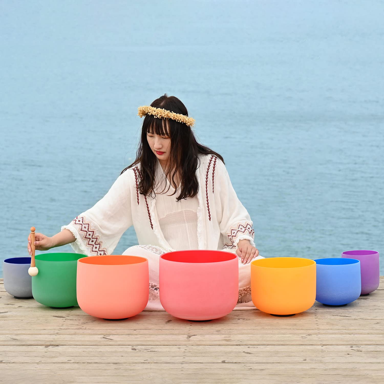 432Hz Set of 7 Colored Crystal Singing Bowls (6