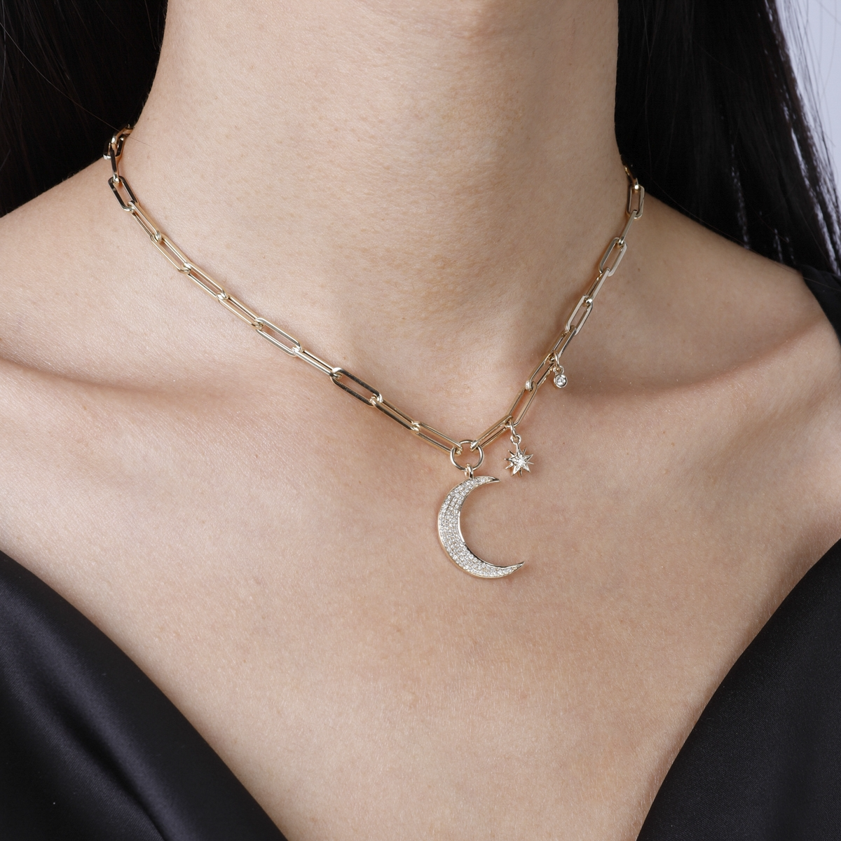 Moon and Stars Paperclip Chain Necklace - Dainty Gold Layered Jewelry for Women - Perfect for Everyday Wear, Layering & Gift Giving